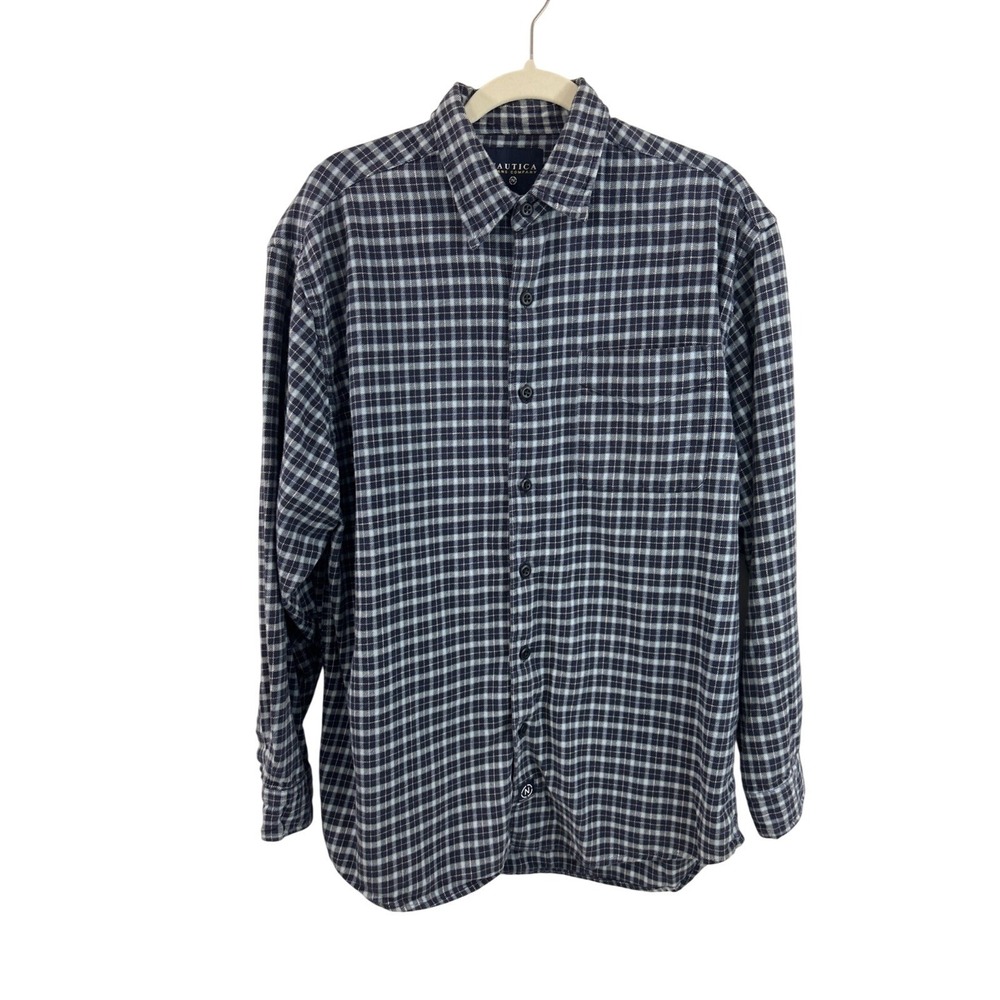 Nautica Jeans Co Men Medium Blue Flannel Button Up Flannel Shirt Long Sleeves
